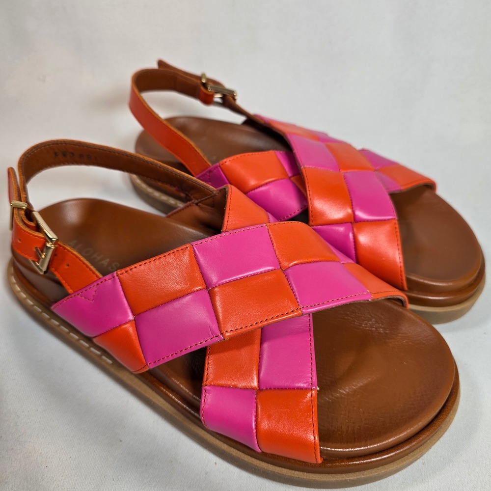 Revolve ALOHAS Marshmallow Scacchi Pink Orange Leather Sandals Womens 39 US 8.5